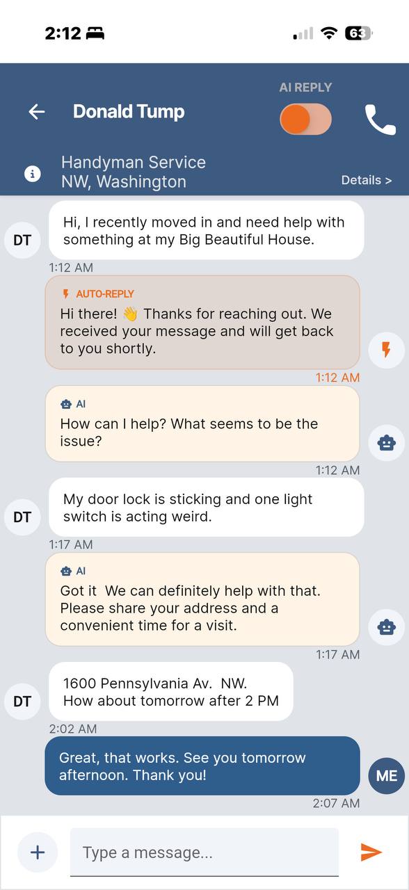 LeadReply mobile chat interface responding to Thumbtack leads