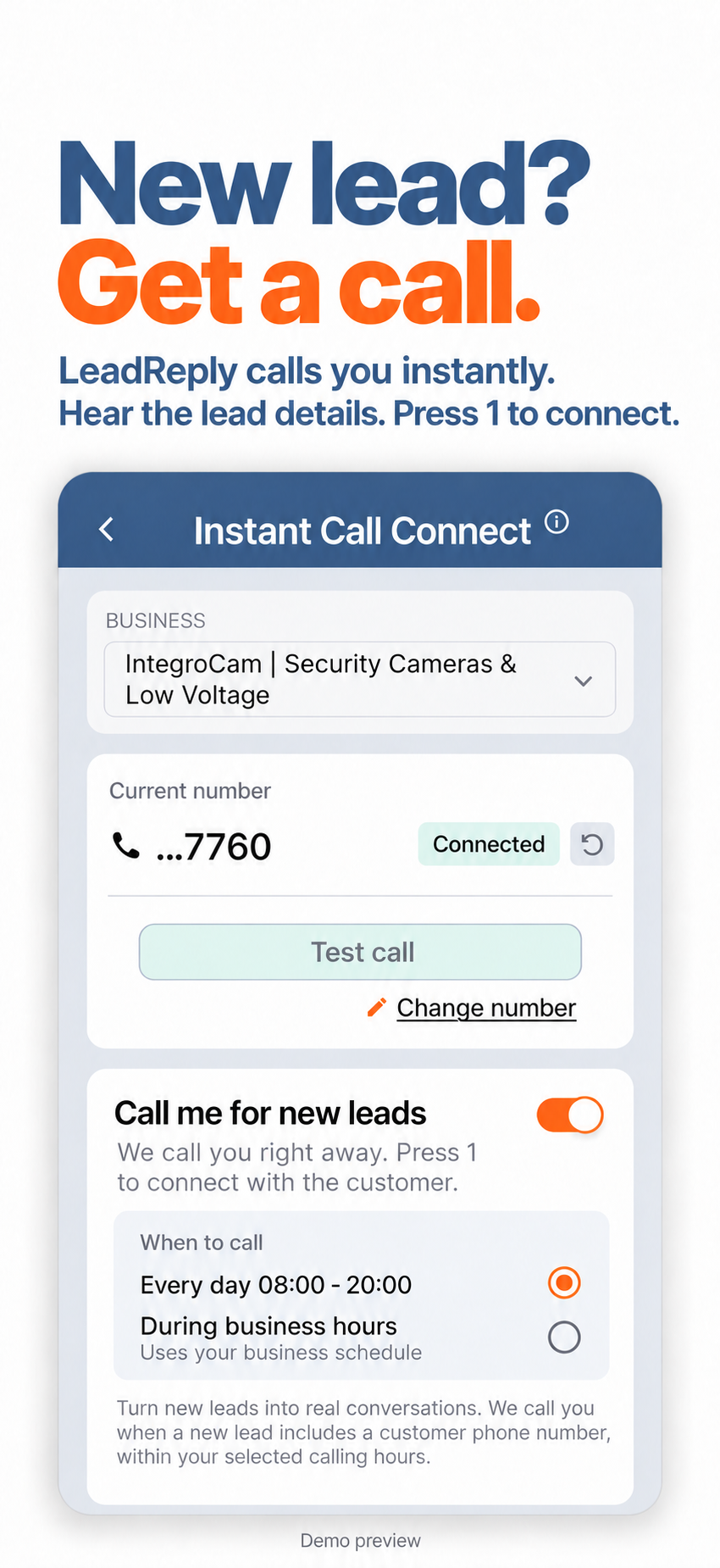 Instant Call Connect settings preview with calling hours