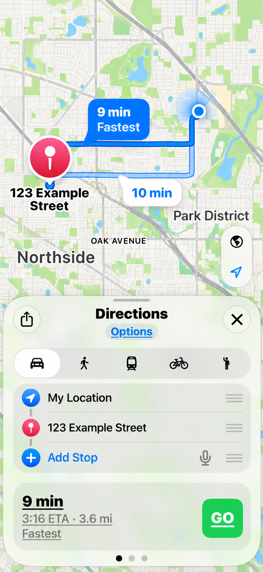 Illustrative Maps directions screen with two route options, sample appointment address, and GO button